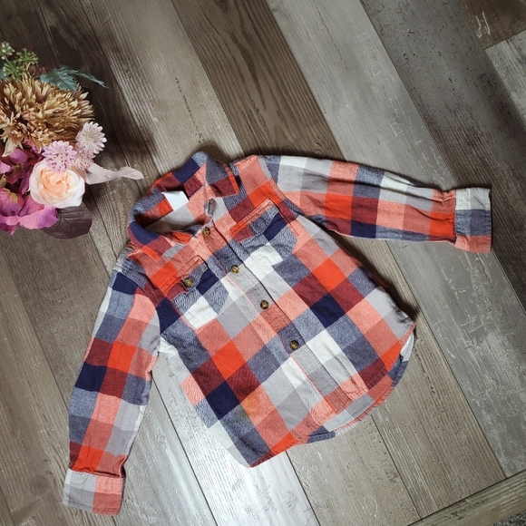 Healthtex Orange Blue White Checked Plaid Button Down Flannel Shirt Size 4T EUC - Picture 9 of 15